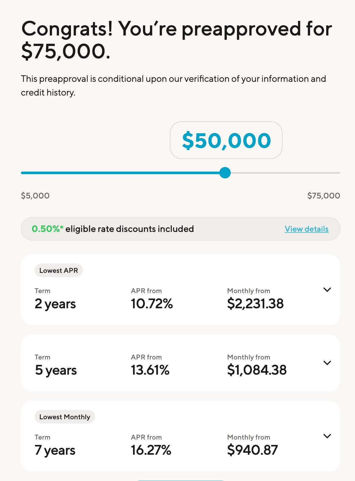 Loan portal screen showing pre-approval for $75,000