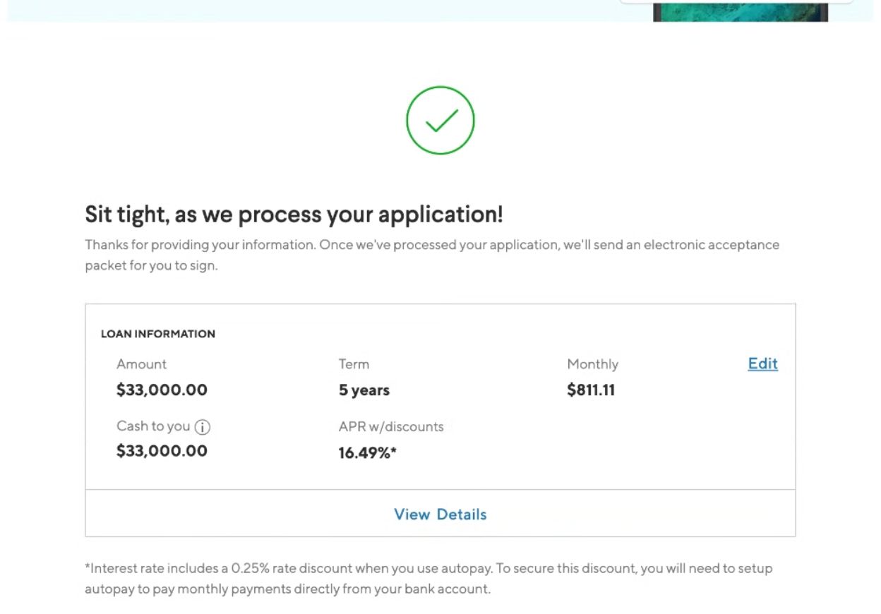 Loan portal screen showing processing decision for $33,000 over 60 months